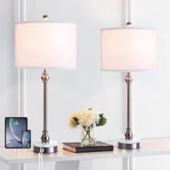 28.3 In. Silver Modern Marble Bedroom Living Room Bedside Desk Nightstand Table Lamps USB Port (Set Of 2) 11 28.3 In. Silver Modern Marble Bedroom Living Room Bedside Desk Nightstand Table Lamps USB Port (Set Of 2) -Lamp Parts silver maxax table lamps t264 ni c3 1000