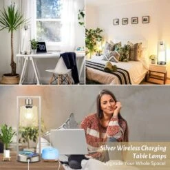 Set Of 2 16 In. Dimmable Bedside Nightstand Lamps With USB Port, Silver -Lamp Parts silver nordic hygge table lamps hx t0376 sn 2 76 1000
