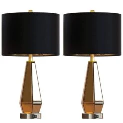 25 In. Mirrored Glass Table Lamps (Set Of 2), Modern Silver Geometric Tall Bedside Lamps With USBS For Living Room Decor