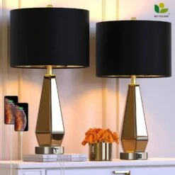 25 In. Mirrored Glass Table Lamps (Set Of 2), Modern Silver Geometric Tall Bedside Lamps With USBS For Living Room Decor -Lamp Parts silver rottogoon table lamps hmlp317aj2 66 1000