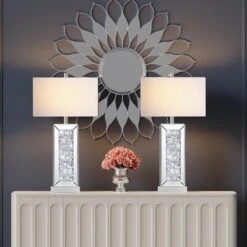 25 In. Diamond Crystal Table Lamp W/ USB C+A Port, 3-Way Dimmable Silver Mirrored Bedside Lamps Fabric Shade For Bedroom -Lamp Parts silver rottogoon table lamps palp382as2 31 1000