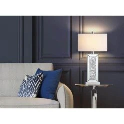 25 In. Diamond Crystal Table Lamp W/ USB C+A Port, 3-Way Dimmable Silver Mirrored Bedside Lamps Fabric Shade For Bedroom -Lamp Parts silver rottogoon table lamps palp382as2 40 1000