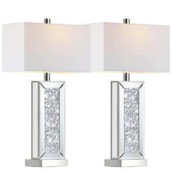 25 In. Diamond Crystal Table Lamp W/ USB C+A Port, 3-Way Dimmable Silver Mirrored Bedside Lamps Fabric Shade For Bedroom