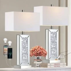 25 In. Diamond Crystal Table Lamp W/ USB C+A Port, 3-Way Dimmable Silver Mirrored Bedside Lamps Fabric Shade For Bedroom -Lamp Parts silver rottogoon table lamps palp382as2 c3 1000