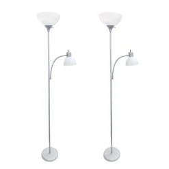Mother Daughter 71.5 In. Brushed Nickel Floor Lamp Set W/Reading Light And White Shades (2 Pack) Set Of 2 (Floor Lamps)