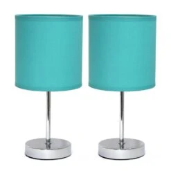 11.89 In. Chrome Mini Basic Table Lamps With Blue Fabric Shades (2-Pack)
