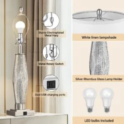 28'' Sliver Modern Rotary Switches Table Lamps Set Of 2 With USB A+C Ports, White Shade Glass Beside Lamps For Bedroom -Lamp Parts sliver rottogoon table lamps qmlp296cb2 77 1000