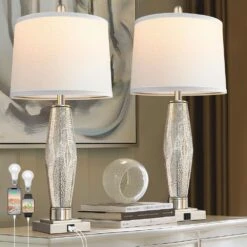 28'' Sliver Modern Rotary Switches Table Lamps Set Of 2 With USB A+C Ports, White Shade Glass Beside Lamps For Bedroom -Lamp Parts sliver rottogoon table lamps qmlp296cb2 e1 1000