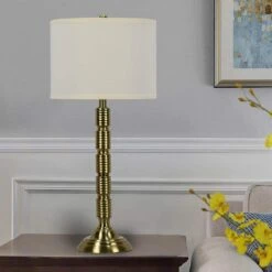 Pair Of 30.25 In. Soft Gold Industrial Ribbed Metal Column Table Lamps With Designer Shades -Lamp Parts soft gold fangio lighting table lamps w 1562sg 2pk 31 1000