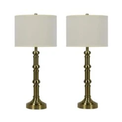 Pair Of 30.75 In. Soft Gold Stacked Candlestick Metal Table Lamps With Designer Shades