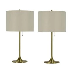 Pair Of 26.5 In. Soft Gold Metal Column Table Lamps With Designer Shades