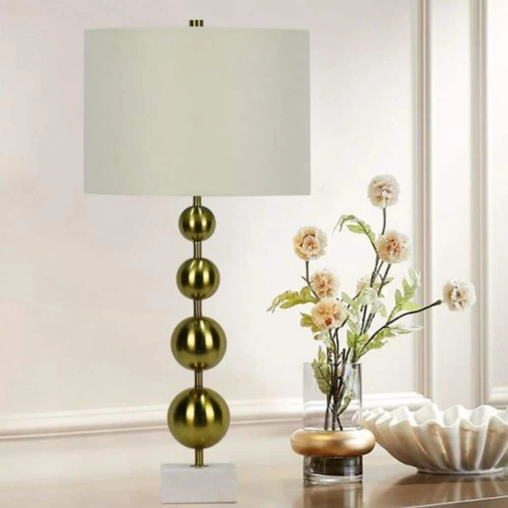 Pair Of 29.5 In. Soft Gold Metal And Marble Column Table Lamps With Designer Shades 4 Pair Of 29.5 In. Soft Gold Metal And Marble Column Table Lamps With Designer Shades - Image 2