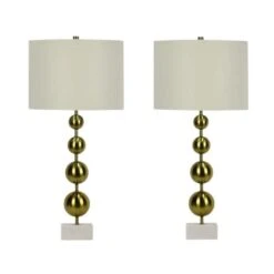 Pair Of 29.5 In. Soft Gold Metal And Marble Column Table Lamps With Designer Shades