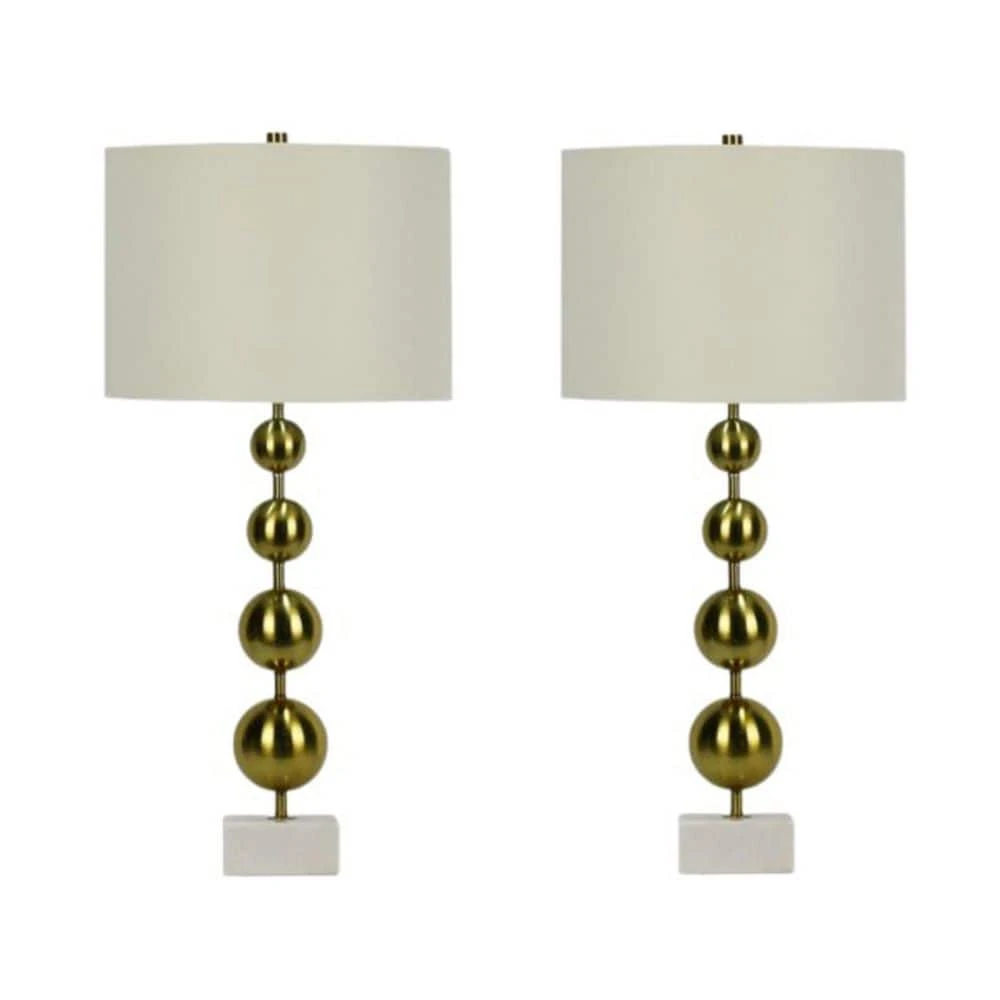 Pair Of 29.5 In. Soft Gold Metal And Marble Column Table Lamps With Designer Shades 3 Pair Of 29.5 In. Soft Gold Metal And Marble Column Table Lamps With Designer Shades