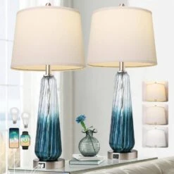 27.5 In. H Touch Control Table Lamps, 3-Way Dimmable Glass Bedside Lamps With 2 USB Ports, Task & Reading, Blue (2-Pack)