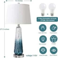 27.5 In. H Touch Control Table Lamps, 3-Way Dimmable Glass Bedside Lamps With 2 USB Ports, Task & Reading, Blue (2-Pack) -Lamp Parts teal jushua desk lamps ct zy p263688 c3 1000