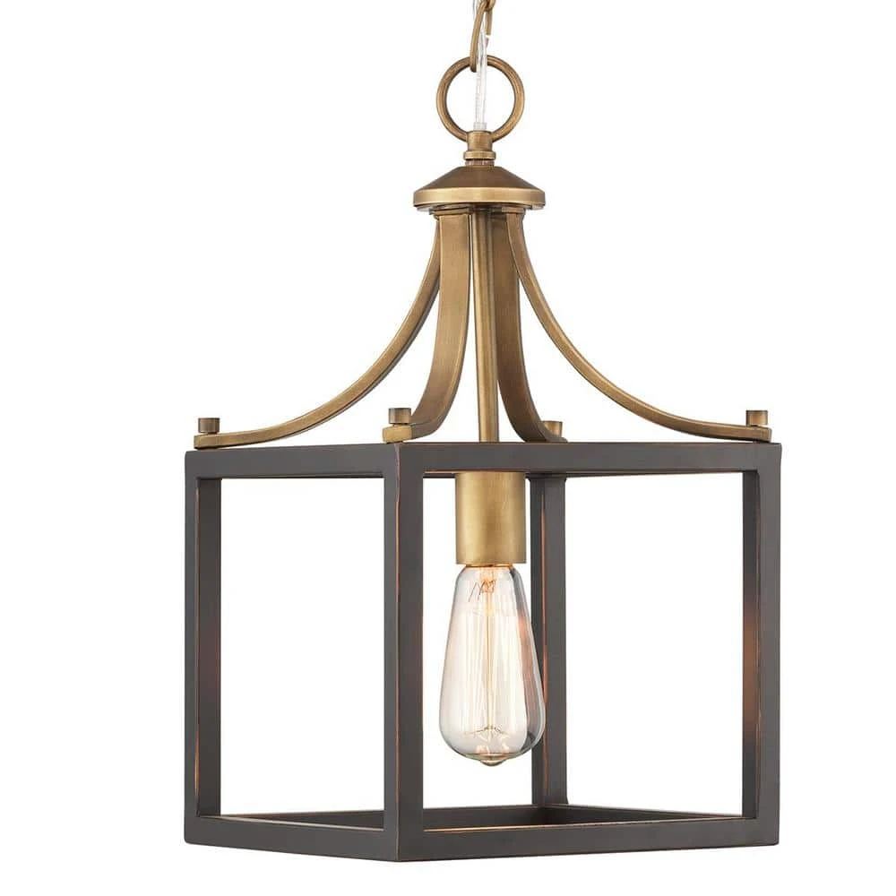 Boswell Quarter 9-1/4 In. 1-Light Vintage Brass Coastal Mini-Pendant With Painted Black Distressed Wood Accents 4 Boswell Quarter 9-1/4 In. 1-Light Vintage Brass Coastal Mini-Pendant With Painted Black Distressed Wood Accents - Image 2