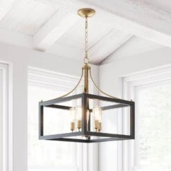 Boswell Quarter 20 In. 5-Light Gold Farmhouse Square Chandelier With Painted Black Distressed Wood Accents For Kitchens
