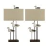 Pair Of 30 In. Weathered Brown/White Medallion Seagull Trio Table Lamps With Designer Shades And Finials -Lamp Parts weathered brown white fangio lighting table lamps w 6319 2pk 64 1000