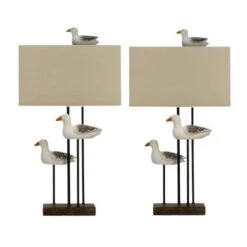 Pair Of 30 In. Weathered Brown/White Medallion Seagull Trio Table Lamps With Designer Shades And Finials