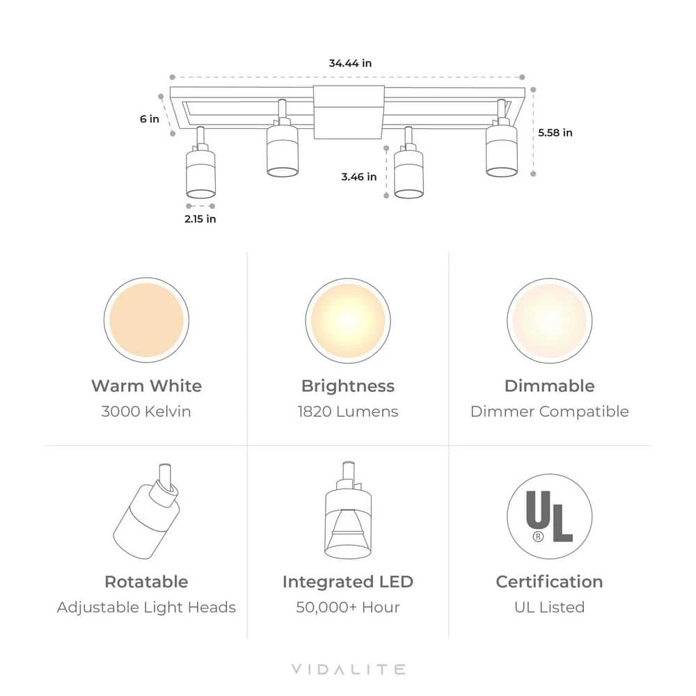 Shura White 4-Light Square Ceiling Light With Rotatable Heads, Integrated LED Bulbs, Fixed Track, 3000K, 1820 Lumen 5 Shura White 4-Light Square Ceiling Light With Rotatable Heads, Integrated LED Bulbs, Fixed Track, 3000K, 1820 Lumen - Image 3