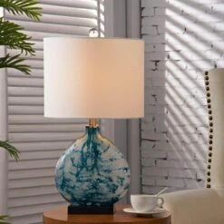 Denver 23.5 In. Blue Coastal Dimmable Glass Bedroom Living Room Bedside Desk Nightstand Table Lamps -Lamp Parts white blue black maxax table lamps t101 bu s 40 1000