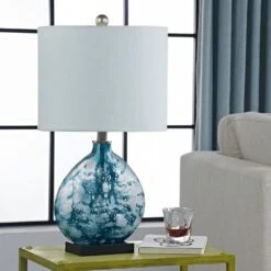 Denver 23.5 In. Blue Coastal Dimmable Glass Bedroom Living Room Bedside Desk Nightstand Table Lamps -Lamp Parts white blue black maxax table lamps t101 bu s 44 1000