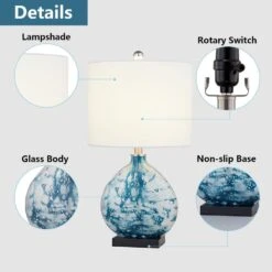 Denver 23.5 In. Blue Coastal Dimmable Glass Bedroom Living Room Bedside Desk Nightstand Table Lamps -Lamp Parts white blue black maxax table lamps t101 bu s 4f 1000