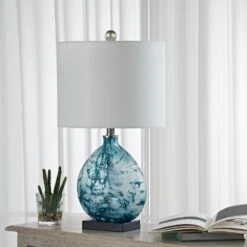 Denver 23.5 In. Blue Coastal Dimmable Glass Bedroom Living Room Bedside Desk Nightstand Table Lamps