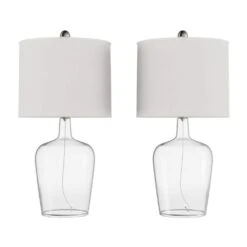 26 In. Glass Cloche Table Lamps, Set Of 2 Modern Farmhouse Accent Lights With Ivory Shades White/Clear -Lamp Parts white clear lavish home table lamps 72 lmp1 3 1f 1000