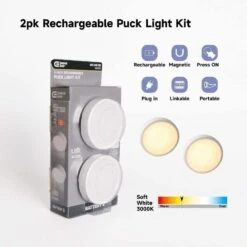 Plug In 2-Light White Rechargeable Integrated LED Under Cabinet Puck Light -Lamp Parts white commercial electric puck lights 23212kit wh c3 1000