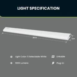 36 In. Plug-In White Integrated LED Linkable 2-Brightness Level Under Cabinet Light Task/Kitchen 5 Selectable White CCT -Lamp Parts white commercial electric under cabinet bar lights ucl36 5cct 2dim hd 1d 1000