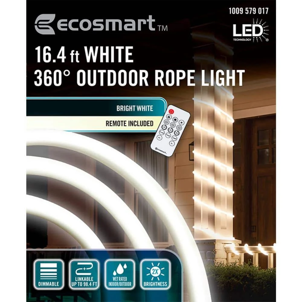 16.4 Ft. Plug-In Bright White LED 360° Outdoor Dimmable Linkable Rope Light With Remote Control 11 16.4 Ft. Plug-In Bright White LED 360° Outdoor Dimmable Linkable Rope Light With Remote Control - Image 9