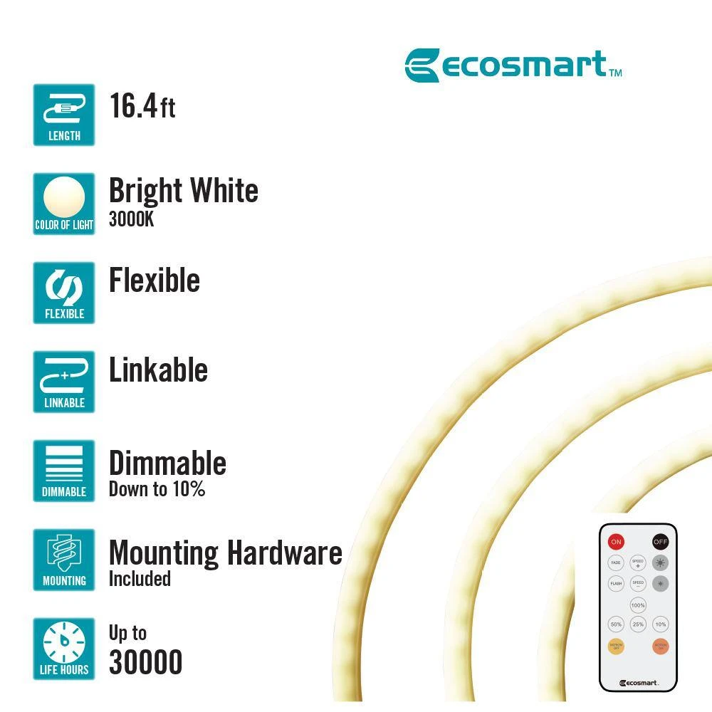 16.4 Ft. Plug-In Bright White LED 360° Outdoor Dimmable Linkable Rope Light With Remote Control 4 16.4 Ft. Plug-In Bright White LED 360° Outdoor Dimmable Linkable Rope Light With Remote Control - Image 2