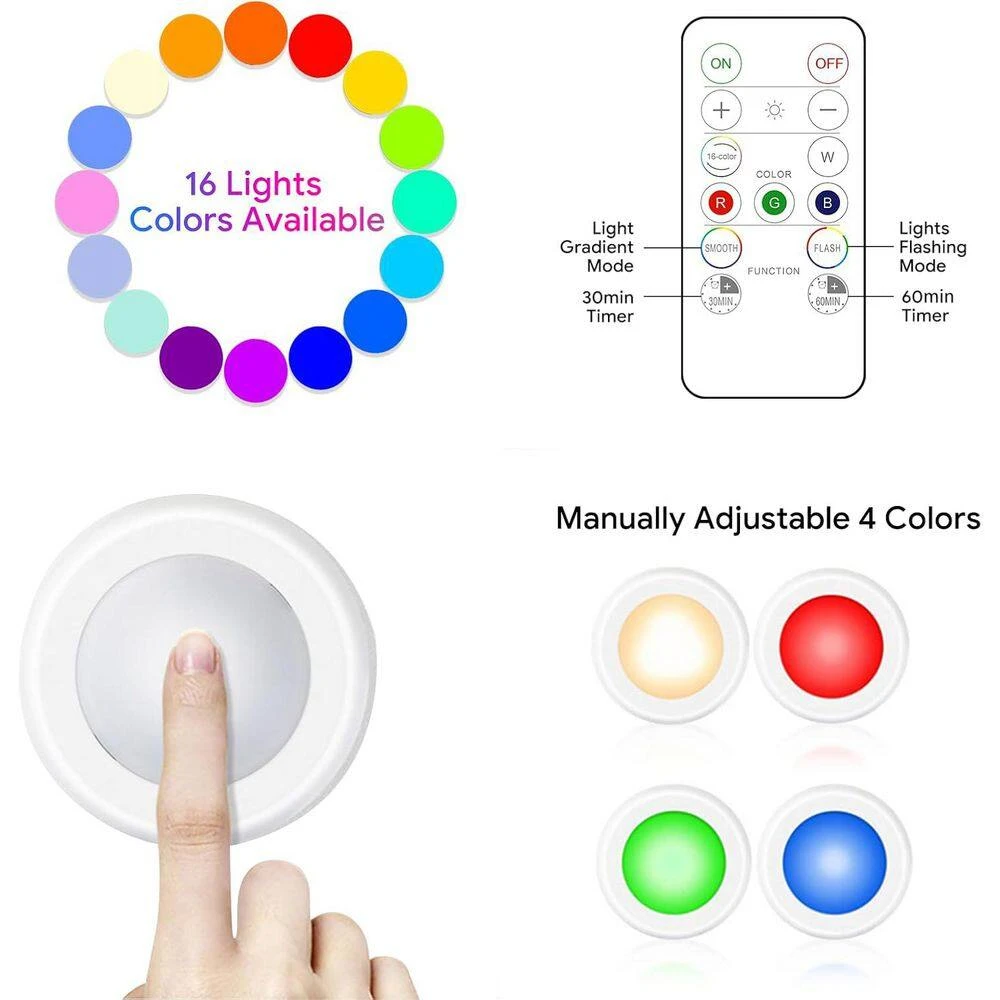 12 Light Dimmable Color Changing Warm White Integrated LED Under Cabinet Puck Light With Remote, Timer White 12-Pack 7 12 Light Dimmable Color Changing Warm White Integrated LED Under Cabinet Puck Light With Remote, Timer White 12-Pack - Image 5