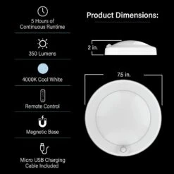 7.5 In. Battery Operated LED White 25-WH Rechargeable W/Remote Control 4000K Cool White Ceiling Fixture Light (1-Pack) -Lamp Parts white feit electric puck lights cm7 5 840 25 bat 66 1000
