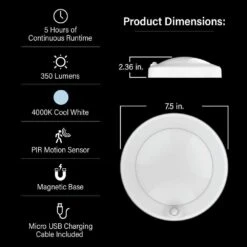 7.5 In. Battery Operated LED White Motion Sensor 25-WH Rechargeable Ceiling Fixture Light, 4000K Cool White (1-Pack) -Lamp Parts white feit electric puck lights cm7 5 840 25 mot bat 66 1000
