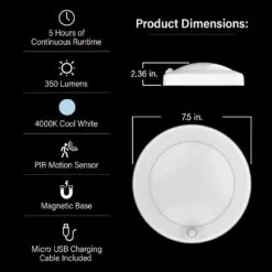 7.5 In. Battery Operated LED White Motion Sensor 25-WH Rechargeable Ceiling Fixture Light, 4000K Cool White (4-Pack) 18 7.5 In. Battery Operated LED White Motion Sensor 25-WH Rechargeable Ceiling Fixture Light, 4000K Cool White (4-Pack) -Lamp Parts white feit electric puck lights cm7 5 840 25 motbat4 66 1000