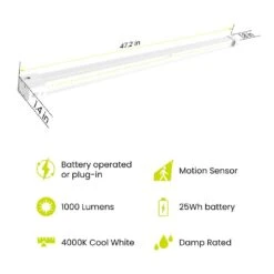 4 Ft. Battery Operated LED White Motion Sensor 25-WH Rechargeable 1000-Lumen Cool White Portable Shop Light (1-Pack) -Lamp Parts white feit electric under cabinet bar lights shop4 840 25 mot bat a0 1000