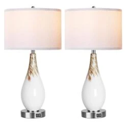 27.5 In. White Touch Control Table Lamps Set Of 2 With USB Ports, 3-Way Dimmable With A Brushed Nickel Finish Metal