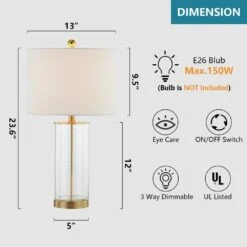 Concord 23.25 In. White/Gold Coastal Dimmable Glass Bedroom Living Room Bedside Desk Nightstand Table Lamps Set Of 2 -Lamp Parts white gold maxax table lamps t27 gd 1f 1000