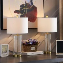 Concord 23.25 In. White/Gold Coastal Dimmable Glass Bedroom Living Room Bedside Desk Nightstand Table Lamps Set Of 2 -Lamp Parts white gold maxax table lamps t27 gd 31 1000