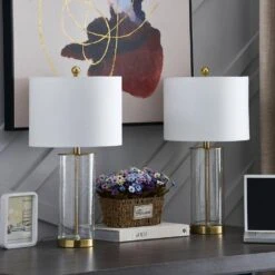 Concord 23.25 In. White/Gold Coastal Dimmable Glass Bedroom Living Room Bedside Desk Nightstand Table Lamps Set Of 2 -Lamp Parts white gold maxax table lamps t27 gd c3 1000