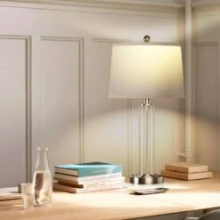 24.4 In. 3-Way White Dimmable Touch Lamps With USB Charging Port LED -Lamp Parts white innobule table lamps ww fan271 66 1000