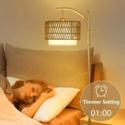 72.8 In. White Boho Floor Lamps With Rattan Shades, Dimmable LED Bulb, Modern Arc Floor Lamp With 3 Color Temperatures -Lamp Parts white jushua floor lamps zy p185403 31 1000