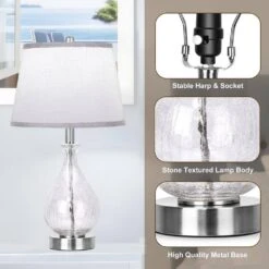 22.5 In. Glass Table Lamp Set Of 2, Touch Control Bedside Lamps W/ 3 Color Temperatures LED Bulbs And White Fabric Shade -Lamp Parts white ltemziiy table lamps ts031 c3 1000