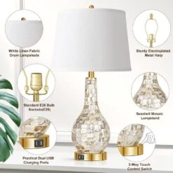 25.5 In. Gold Touch Control Table Lamps Set Of 2 , Bedside Lamp With 2 USB Ports, 3-Way Dimmable (LED Bulbs Included) -Lamp Parts white ltemziiy table lamps ts032 c3 1000