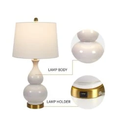 26.5 In. White Modern Dimmable Ceramic Bedroom Living Room Bedside Desk Nightstand Table Lamps USB Port (Set Of 2) -Lamp Parts white maxax table lamps t08 wh 44 1000