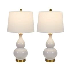 26.5 In. White Modern Dimmable Ceramic Bedroom Living Room Bedside Desk Nightstand Table Lamps USB Port (Set Of 2)