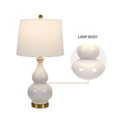 26.5 In. White Modern Dimmable Ceramic Bedroom Living Room Bedside Desk Nightstand Table Lamps USB Port (Set Of 2) -Lamp Parts white maxax table lamps t08 wh fa 1000